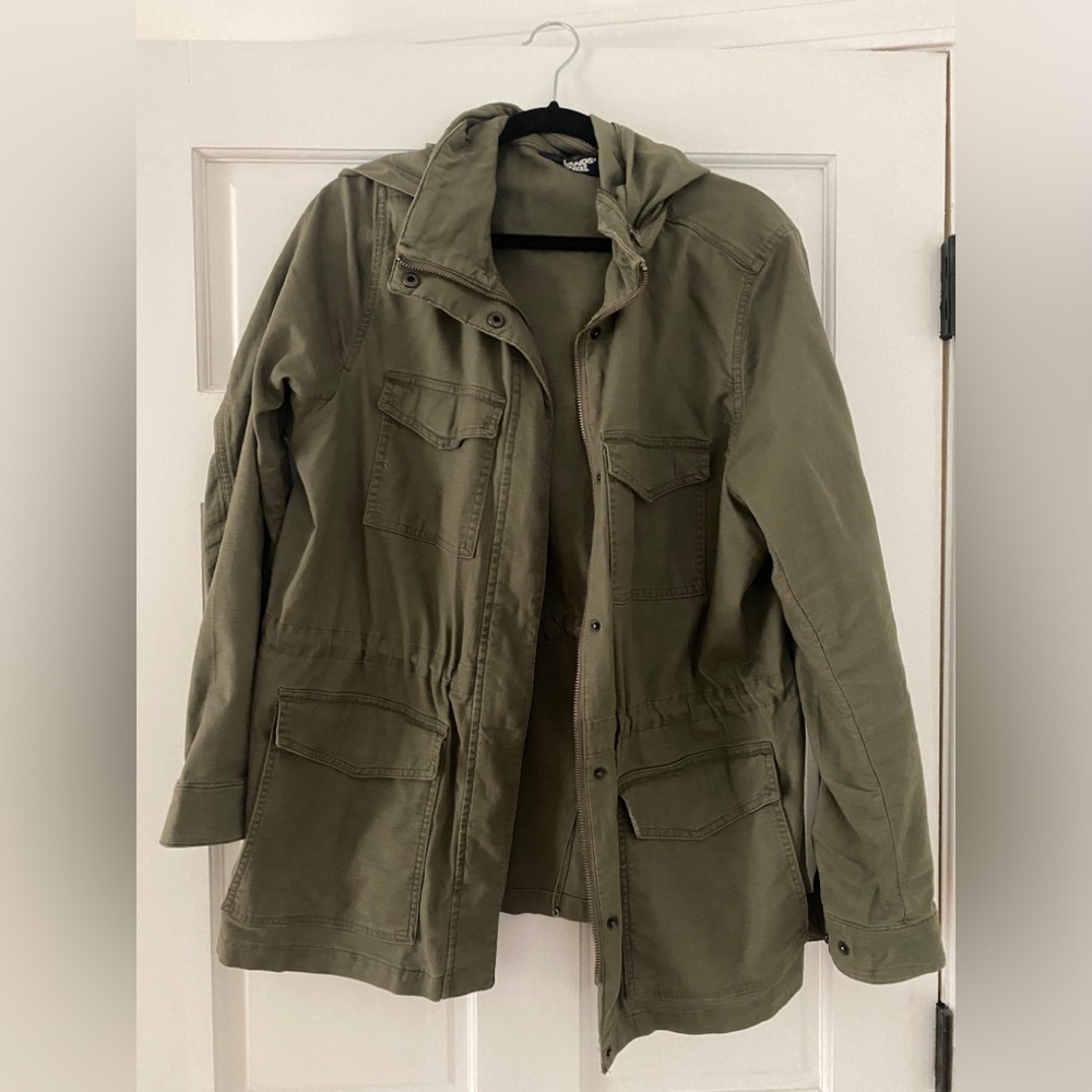 Lands’ End Women’s Cotton Hooded Jacket with Cargo Pockets, Forest Moss, Large